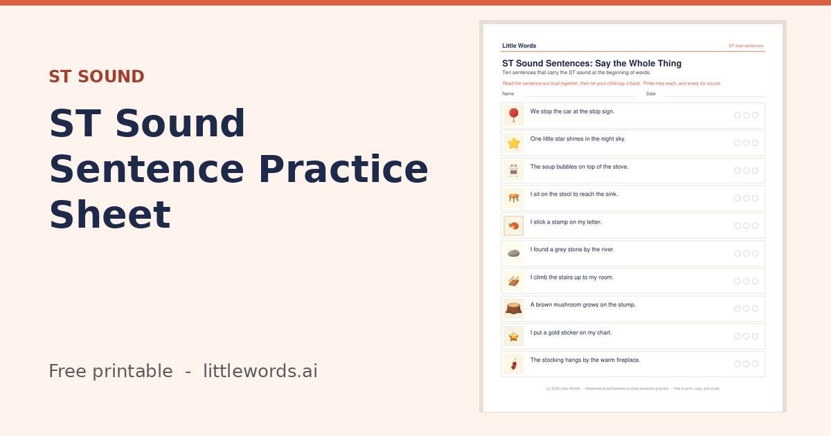 Initial ST Sound Sentence Practice Sheet, a Little Words printable