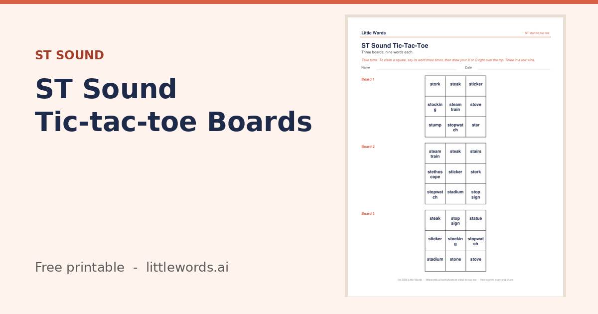 Initial ST Sound Tic-tac-toe Boards, a Little Words printable