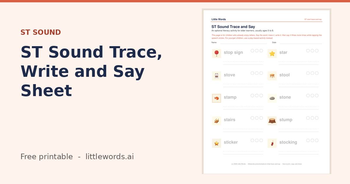 Initial ST Sound Trace, Write and Say Sheet, a Little Words printable