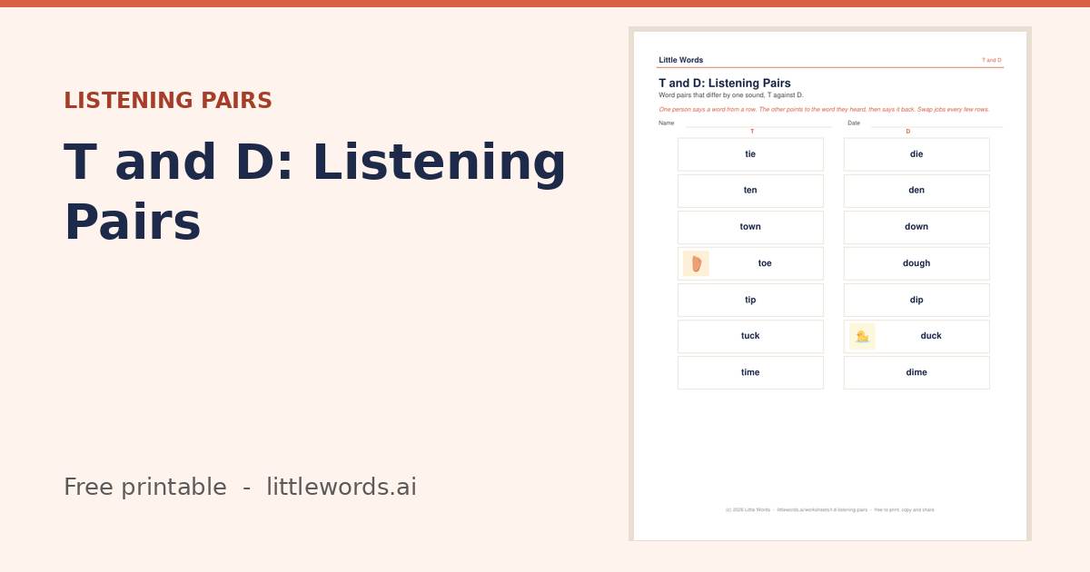 T and D: Listening Pairs, a free Little Words printable
