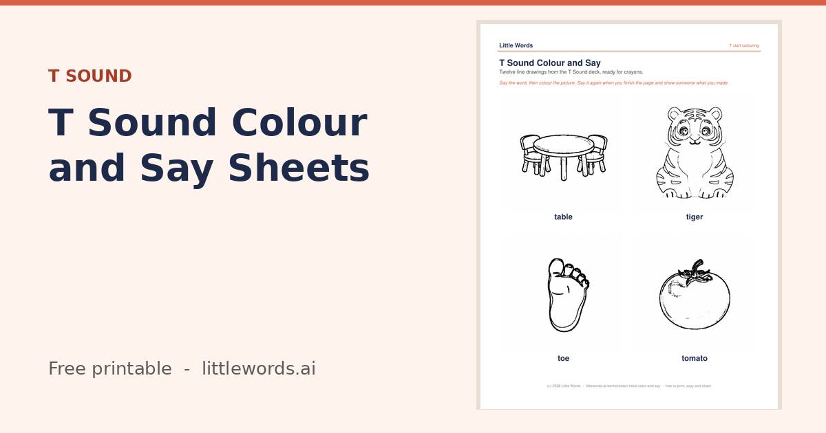 T Sound Colour and Say Sheets, a free Little Words printable