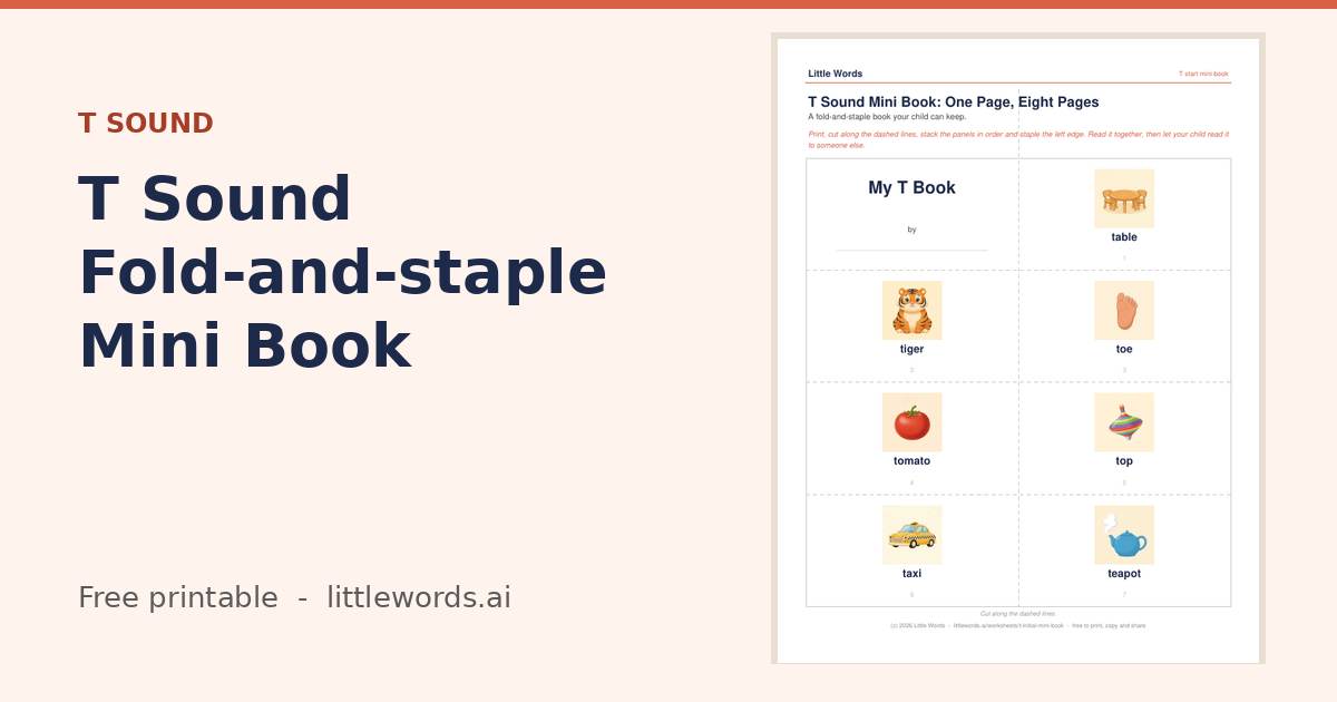 T Sound Fold-and-staple Mini Book, a free Little Words printable