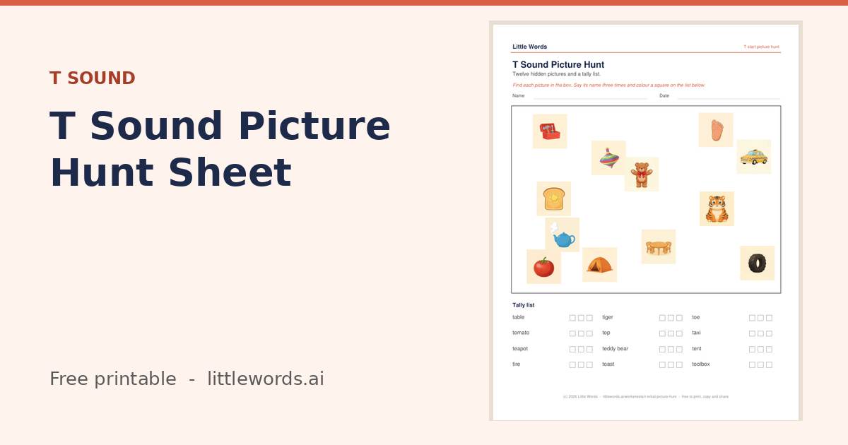T Sound Picture Hunt Sheet, a free Little Words printable