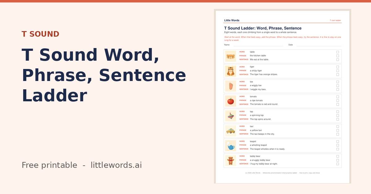 T Sound Word, Phrase, Sentence Ladder, a free Little Words printable