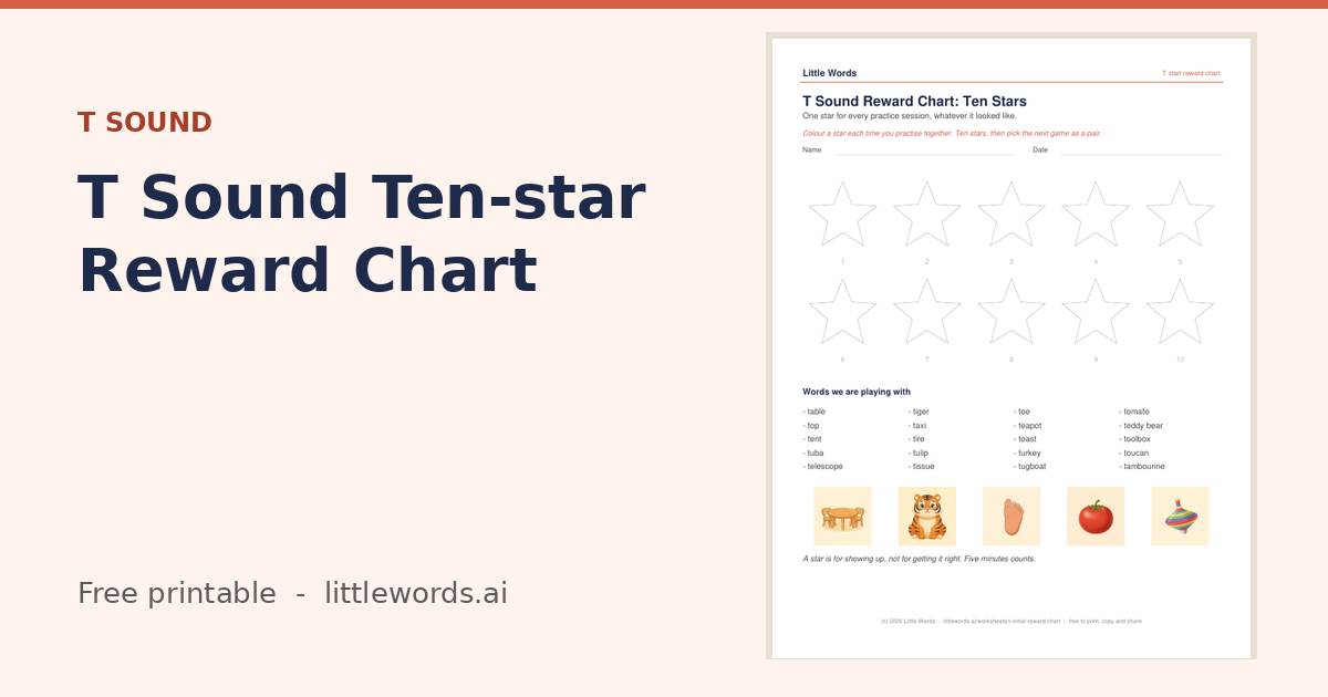 T Sound Ten-star Reward Chart, a free Little Words printable
