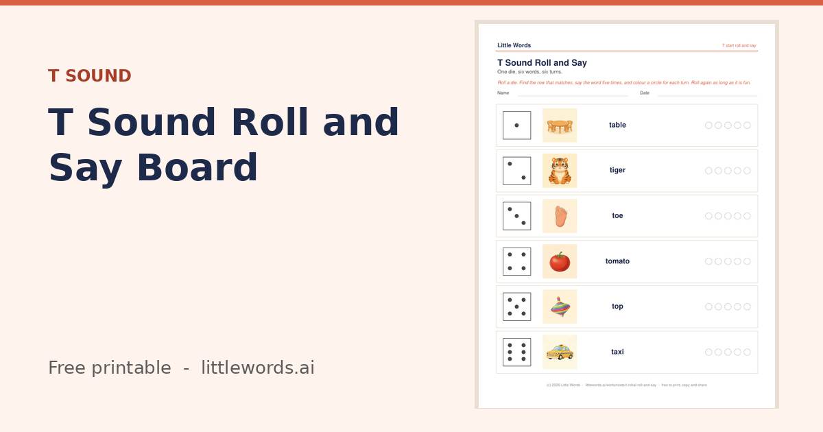 T Sound Roll and Say Board, a free Little Words printable