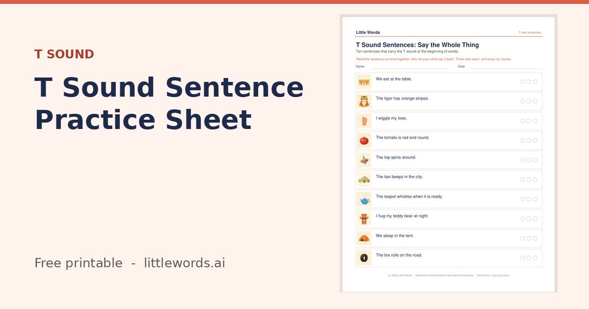 T Sound Sentence Practice Sheet, a free Little Words printable