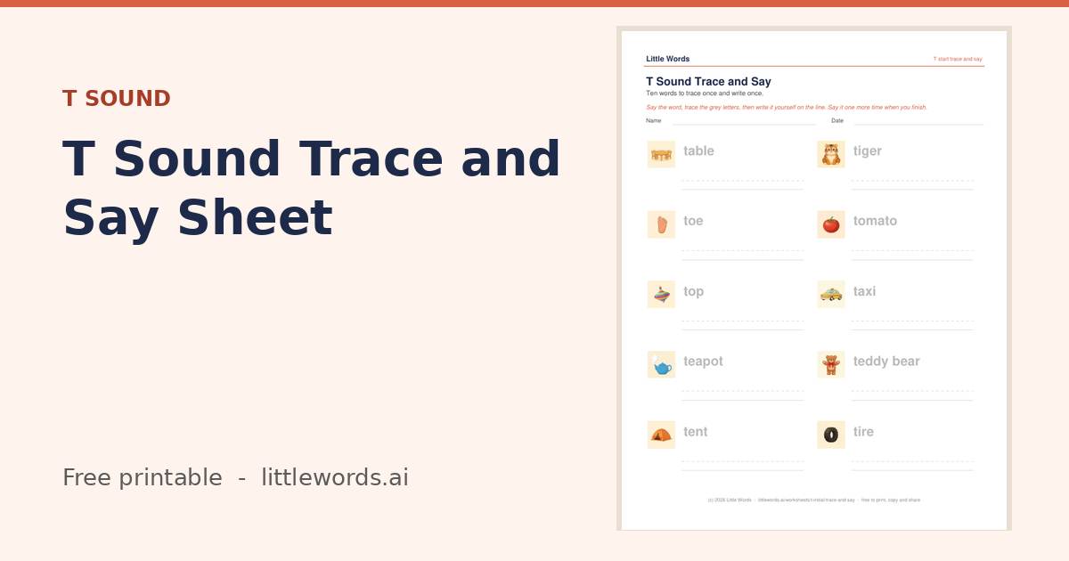 T Sound Trace and Say Sheet, a free Little Words printable
