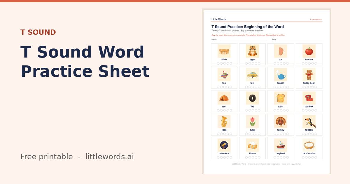 T Sound Word Practice Sheet, a free Little Words printable