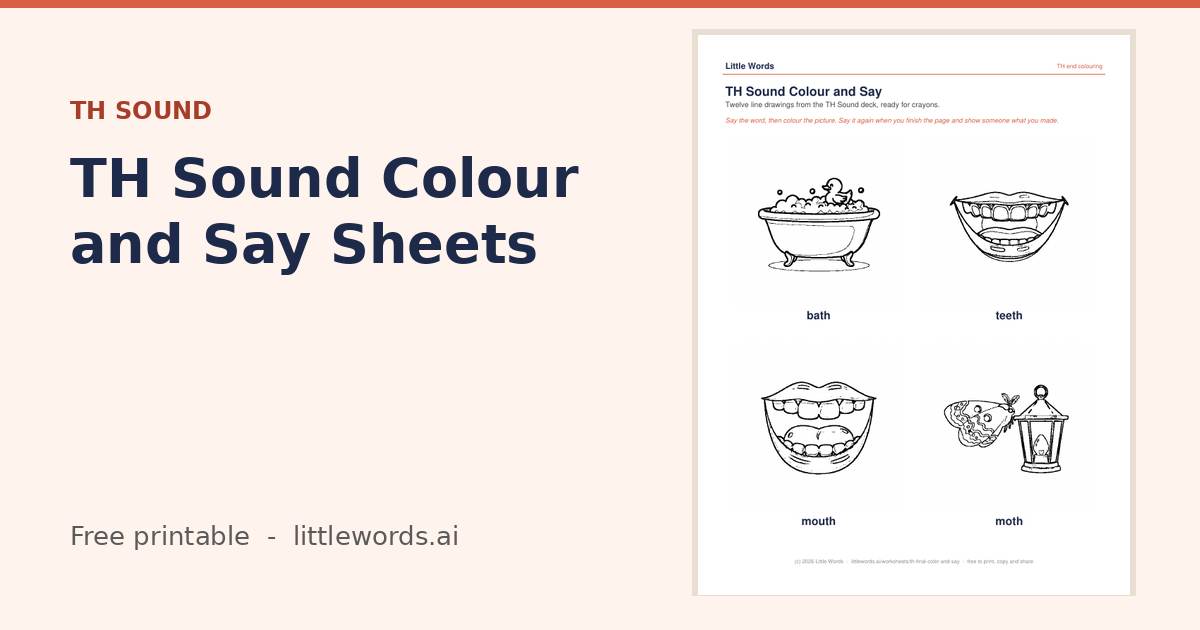 TH Sound Colour and Say Sheets, a free Little Words printable