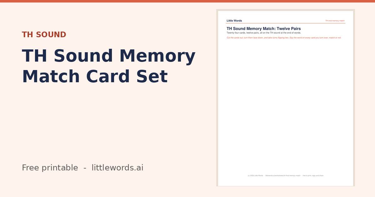 TH Sound Memory Match Card Set, a free Little Words printable