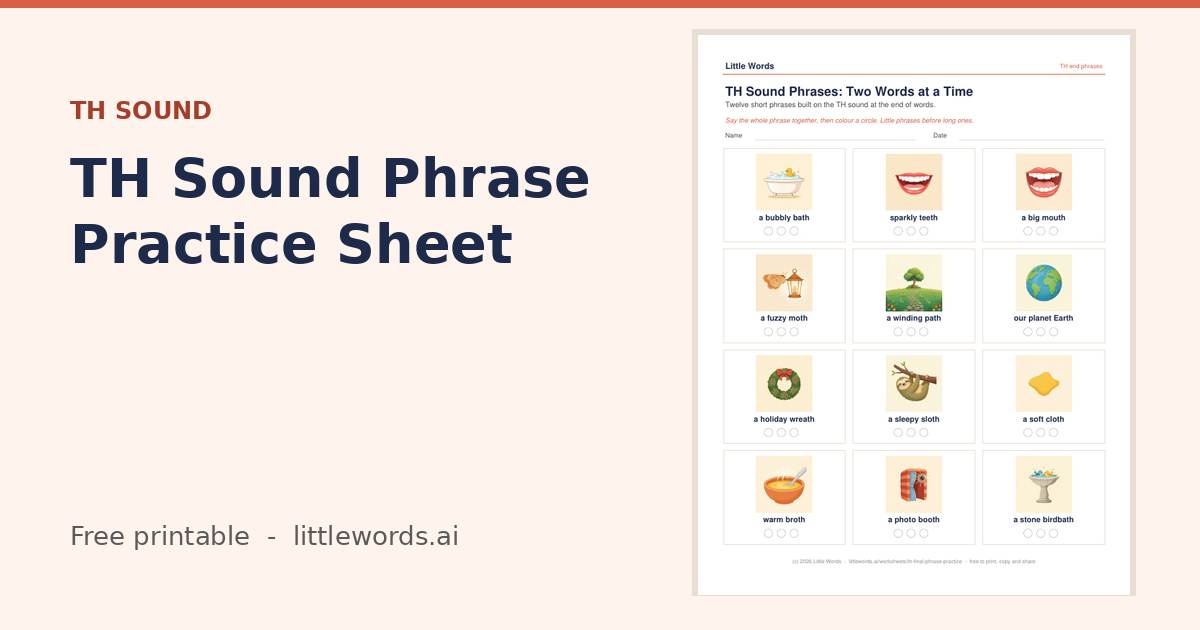TH Sound Phrase Practice Sheet, a free Little Words printable