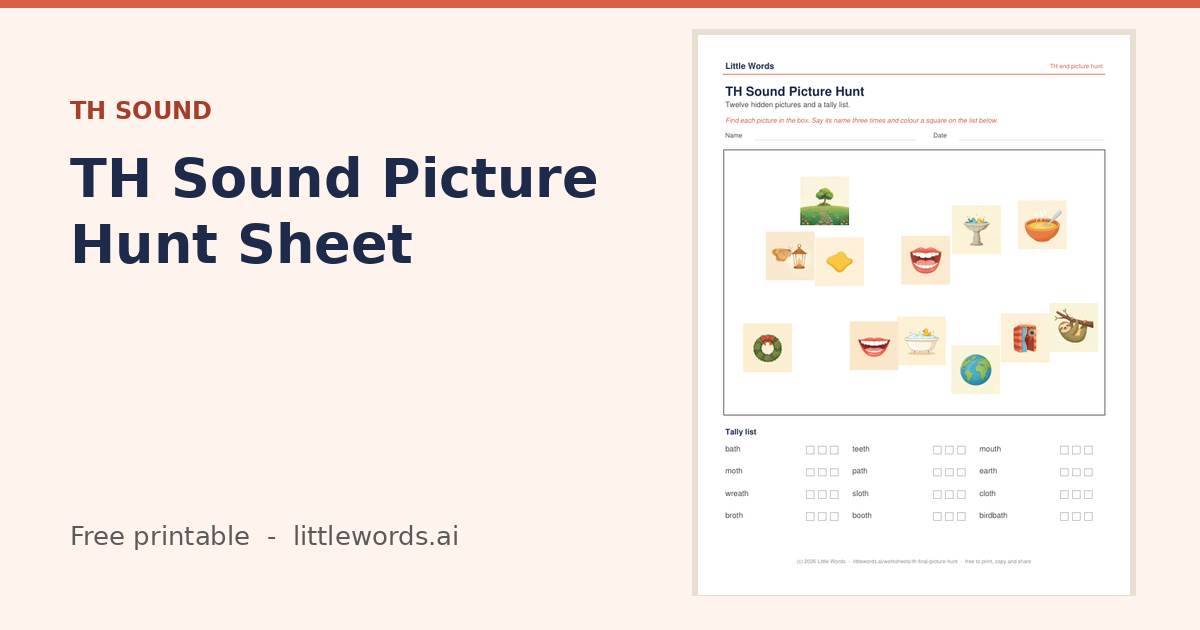 TH Sound Picture Hunt Sheet, a free Little Words printable