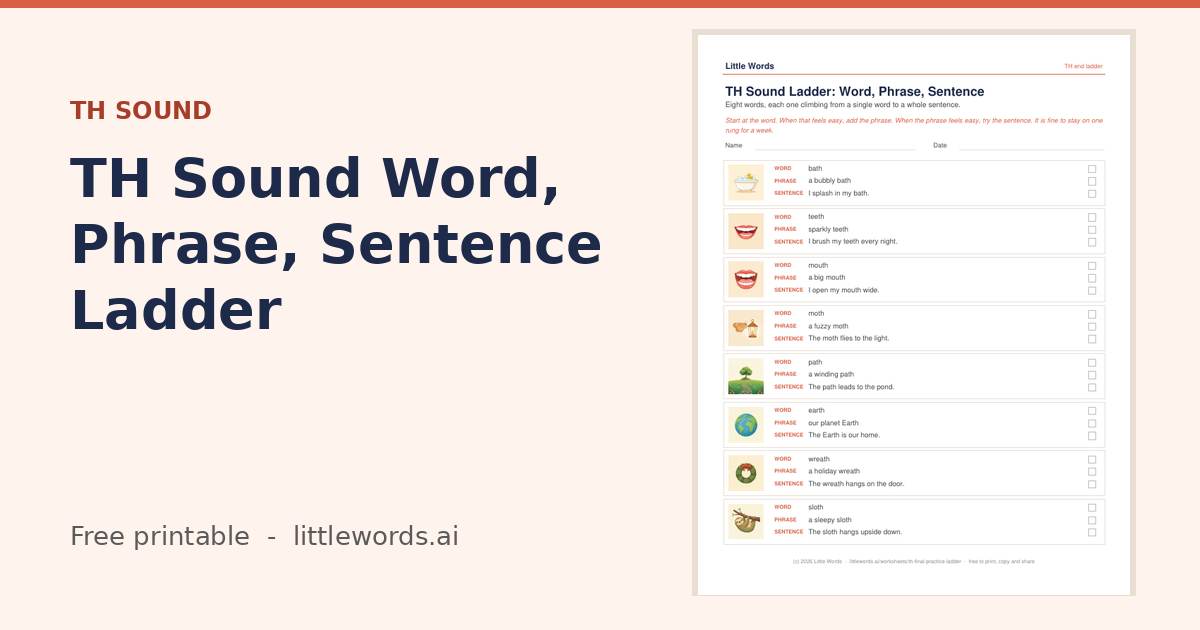 TH Sound Word, Phrase, Sentence Ladder, a free Little Words printable