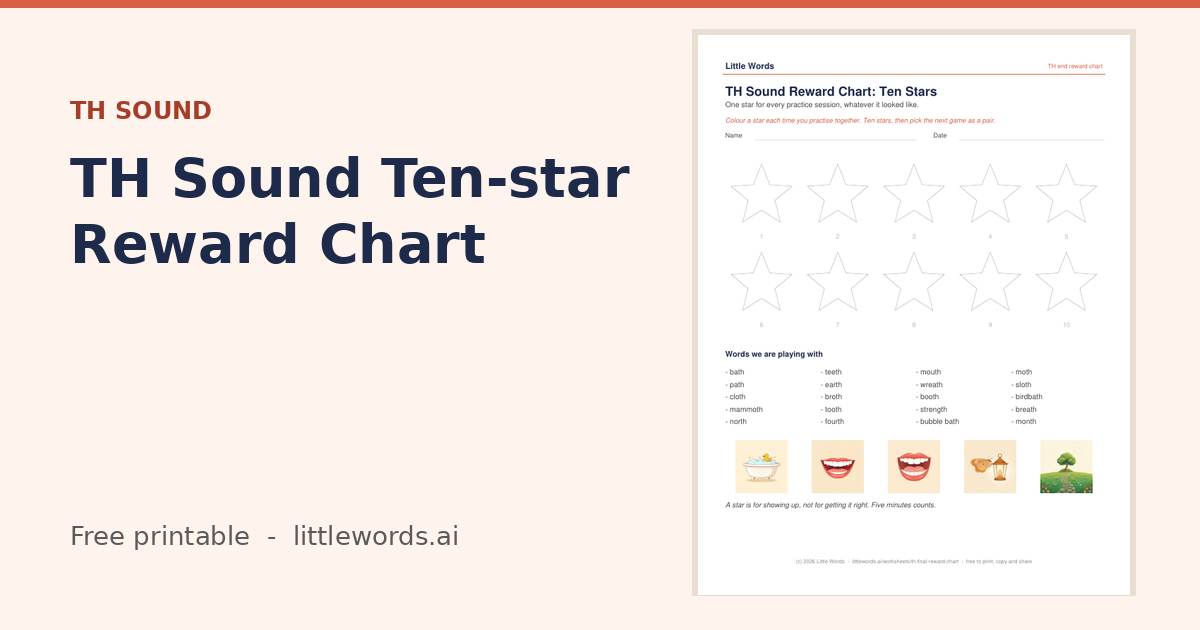 TH Sound Ten-star Reward Chart, a free Little Words printable