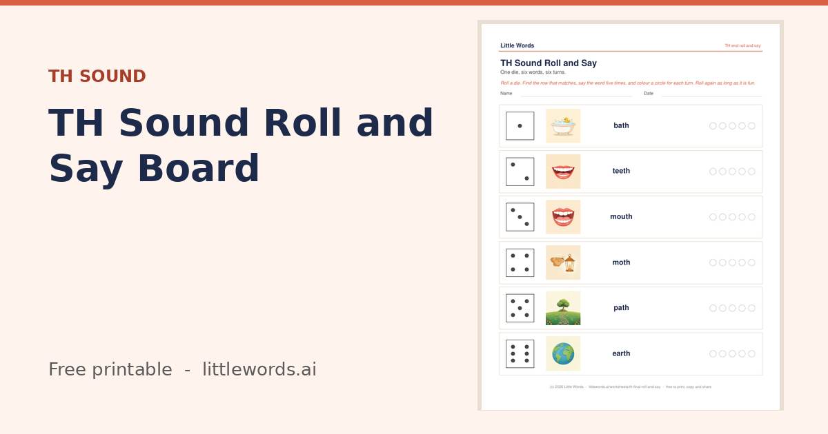 TH Sound Roll and Say Board, a free Little Words printable