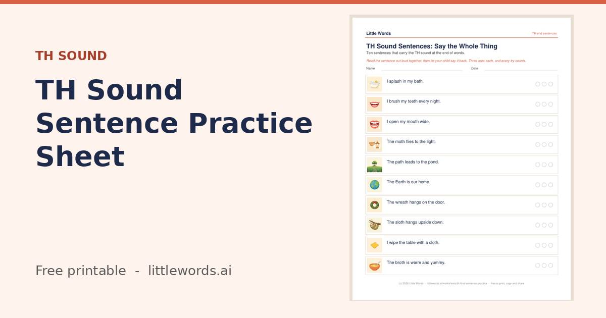 TH Sound Sentence Practice Sheet, a free Little Words printable