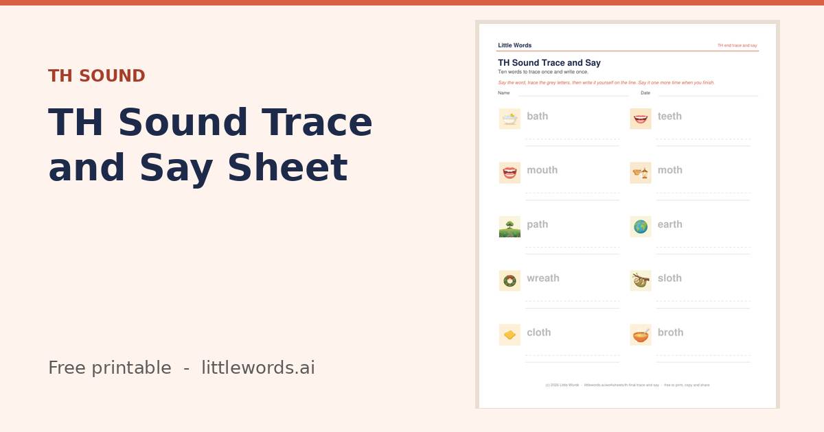 TH Sound Trace and Say Sheet, a free Little Words printable