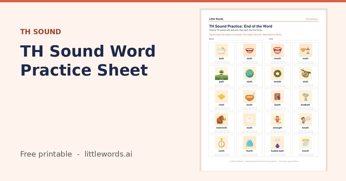 TH Sound Word Practice Sheet, a free Little Words printable