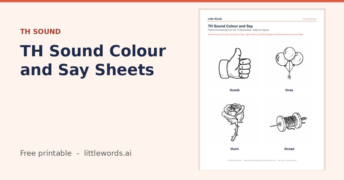 TH Sound Colour and Say Sheets, a free Little Words printable