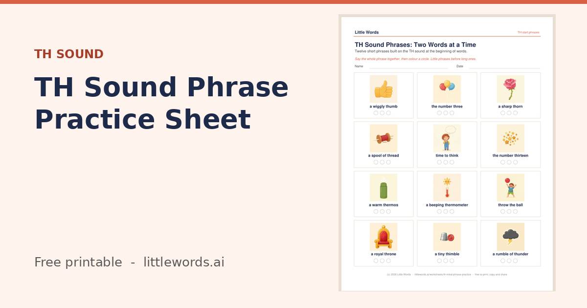 TH Sound Phrase Practice Sheet, a free Little Words printable