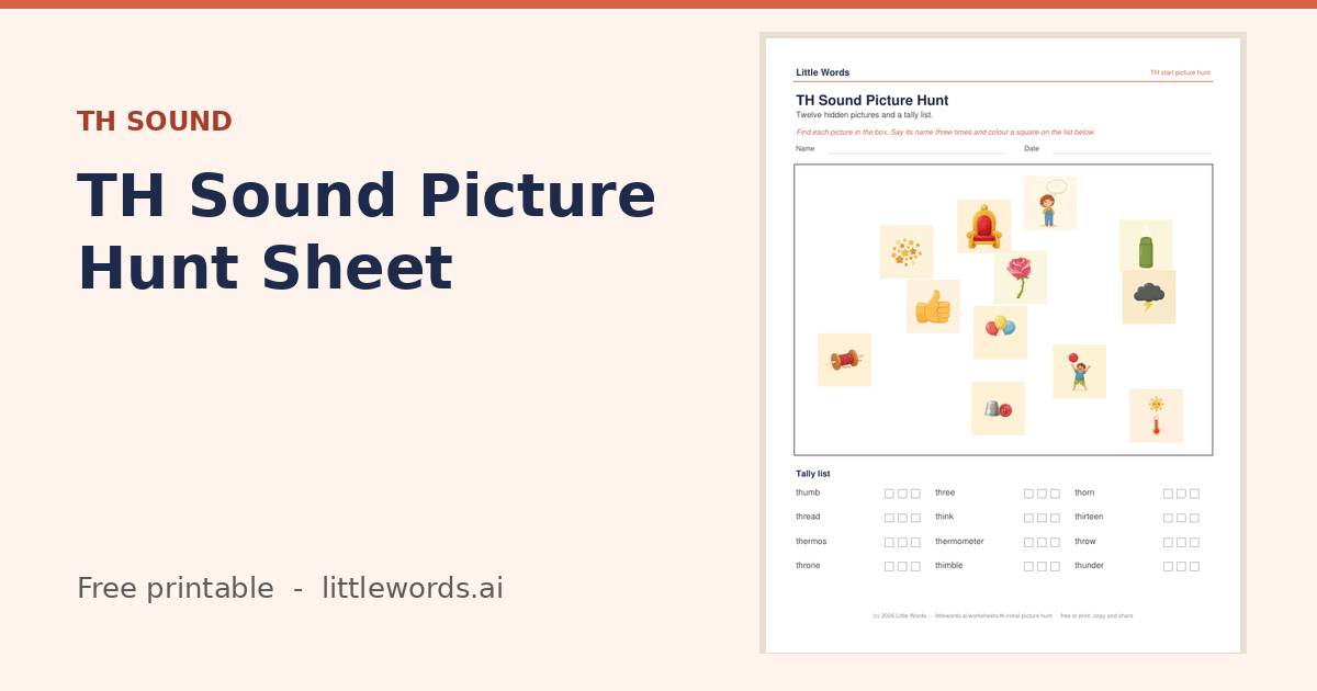 TH Sound Picture Hunt Sheet, a free Little Words printable