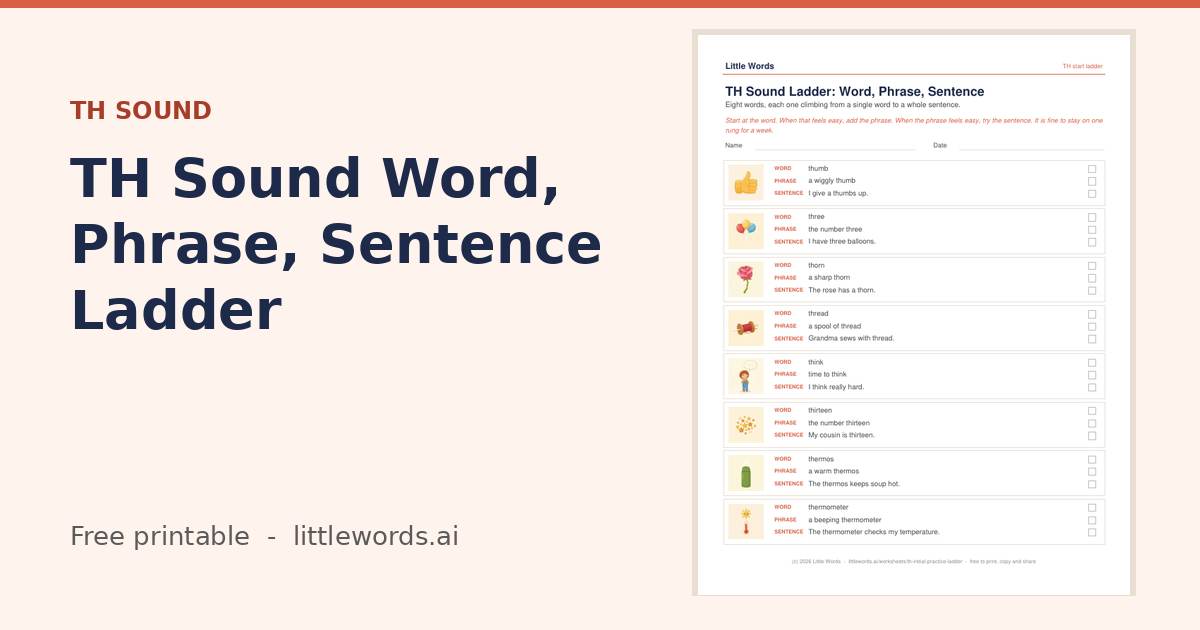 TH Sound Word, Phrase, Sentence Ladder, a free Little Words printable