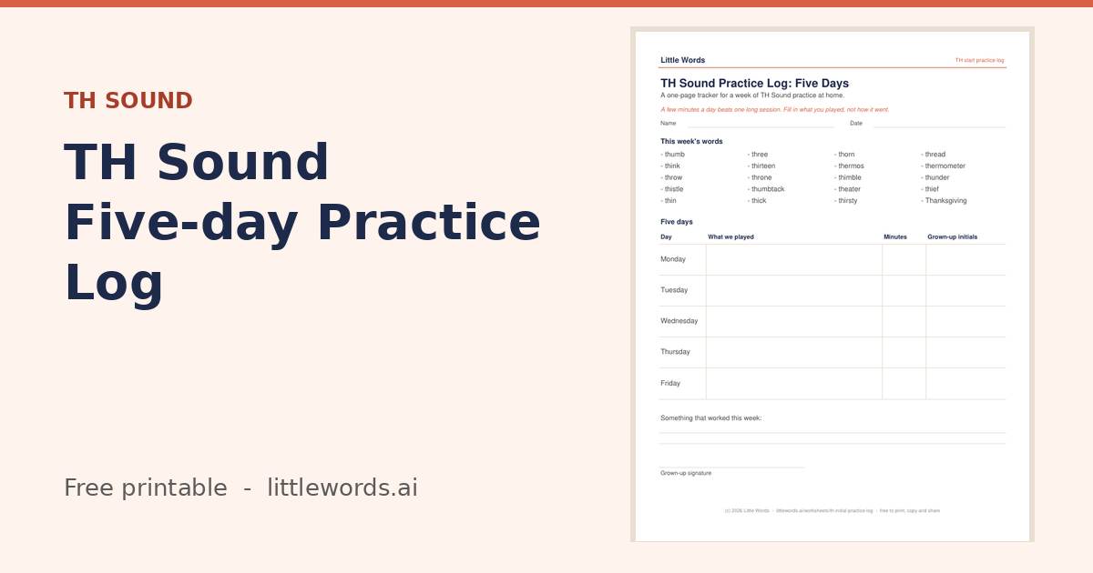 TH Sound Five-day Practice Log, a free Little Words printable