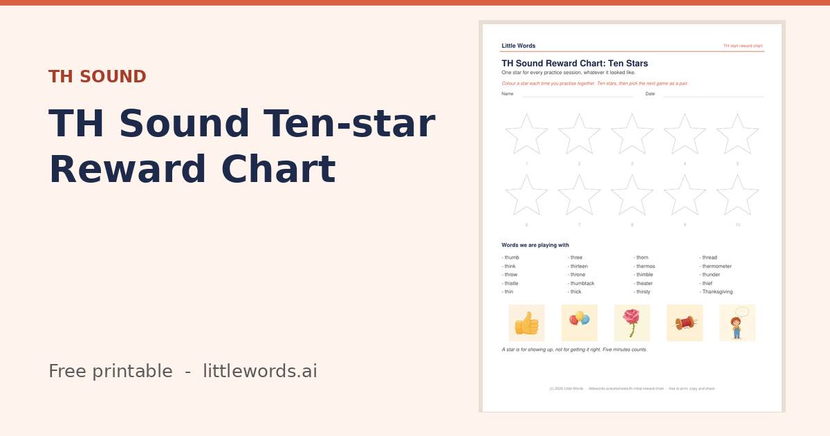 TH Sound Ten-star Reward Chart, a free Little Words printable