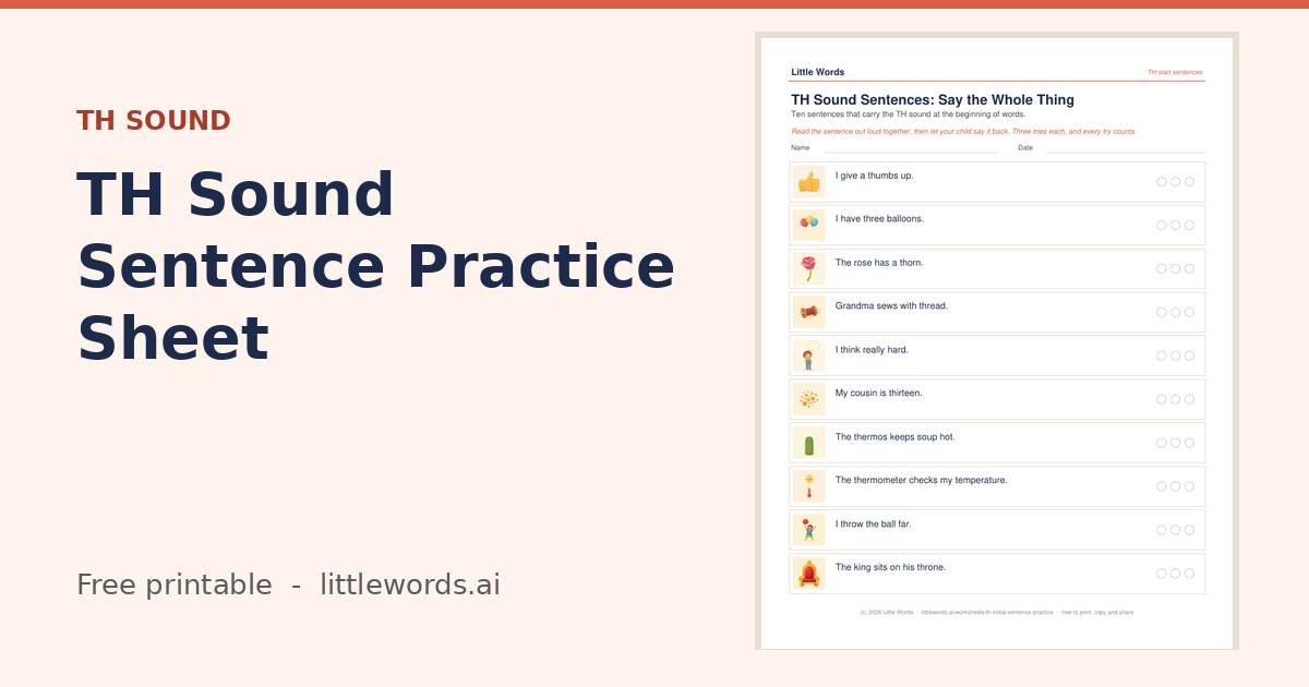 TH Sound Sentence Practice Sheet, a free Little Words printable