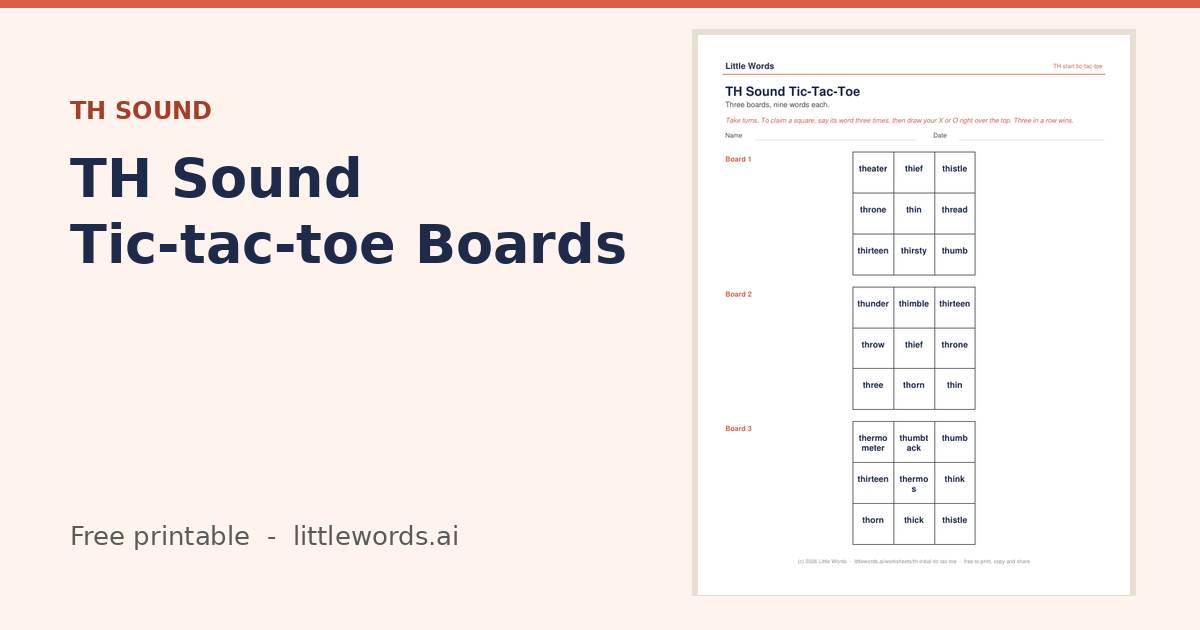 TH Sound Tic-tac-toe Boards, a free Little Words printable