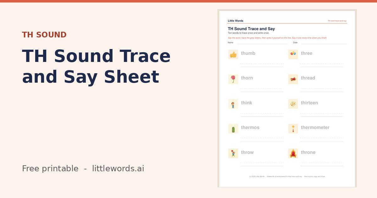 TH Sound Trace and Say Sheet, a free Little Words printable