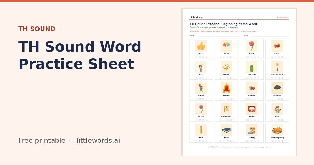 TH Sound Word Practice Sheet, a free Little Words printable