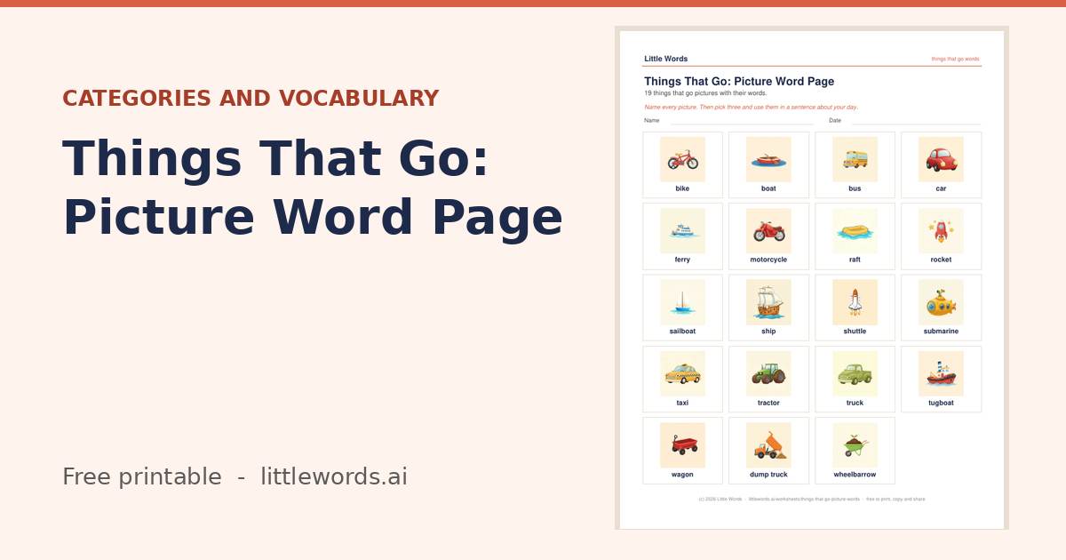 Things That Go: Picture Word Page, a free Little Words printable