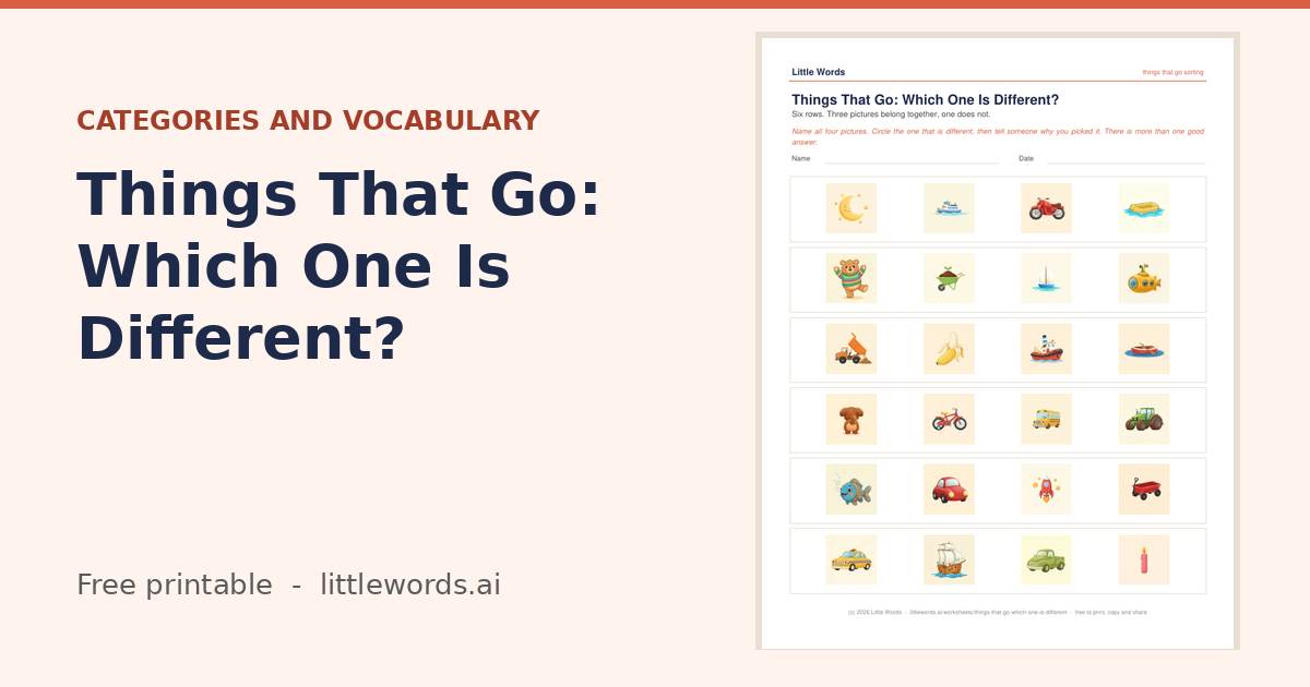 Things That Go: Which One Is Different?, a free Little Words printable