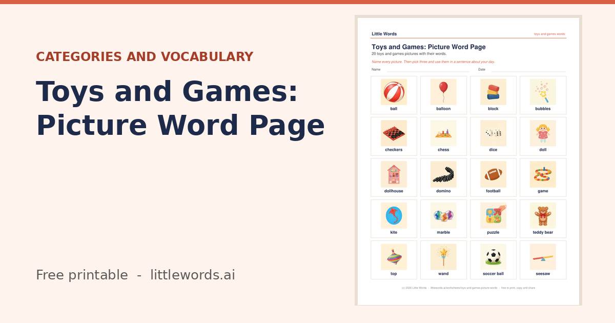 Toys and Games: Picture Word Page, a free Little Words printable