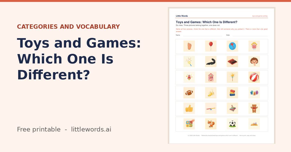 Toys and Games: Which One Is Different?, a free Little Words printable
