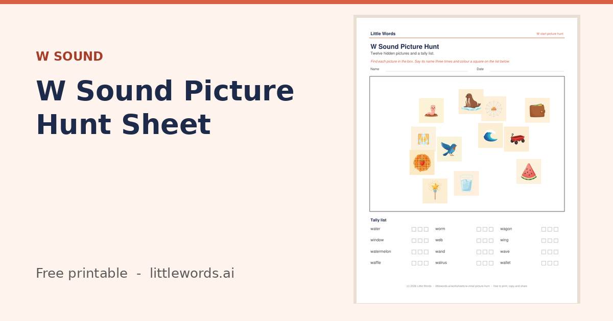 W Sound Picture Hunt Sheet, a free Little Words printable