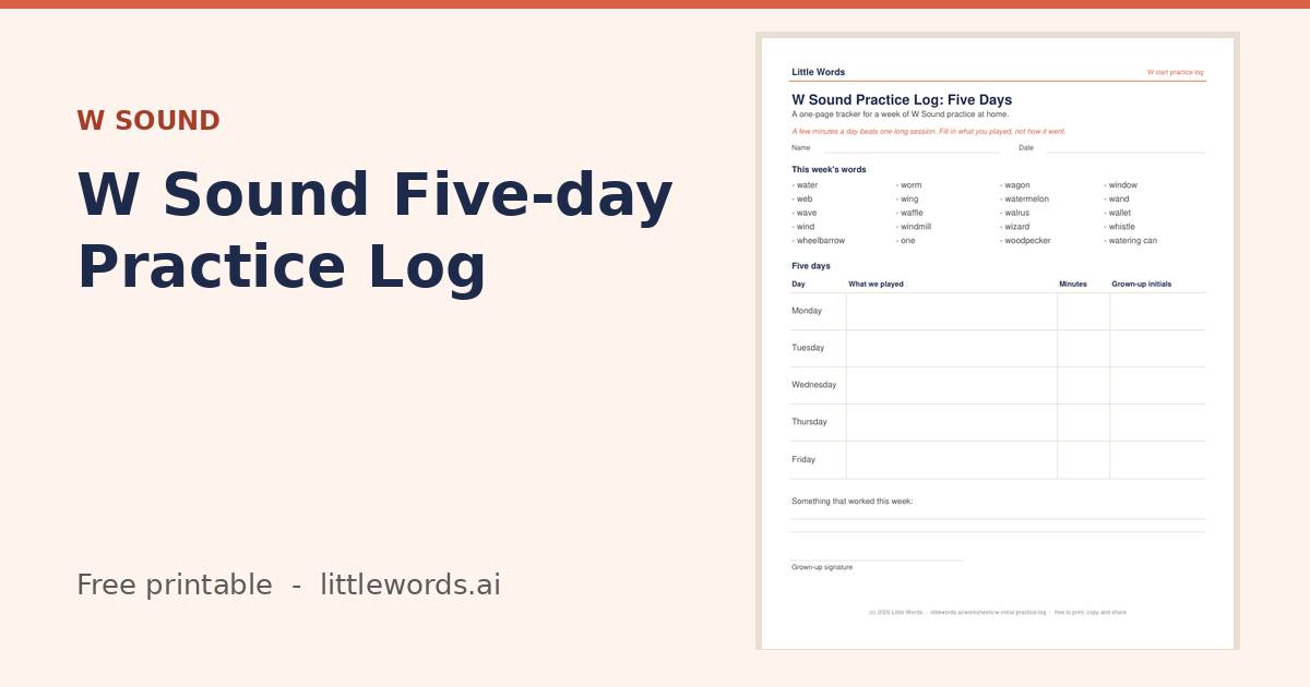 W Sound Five-day Practice Log, a free Little Words printable