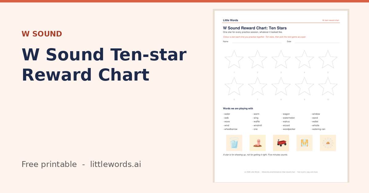 W Sound Ten-star Reward Chart, a free Little Words printable
