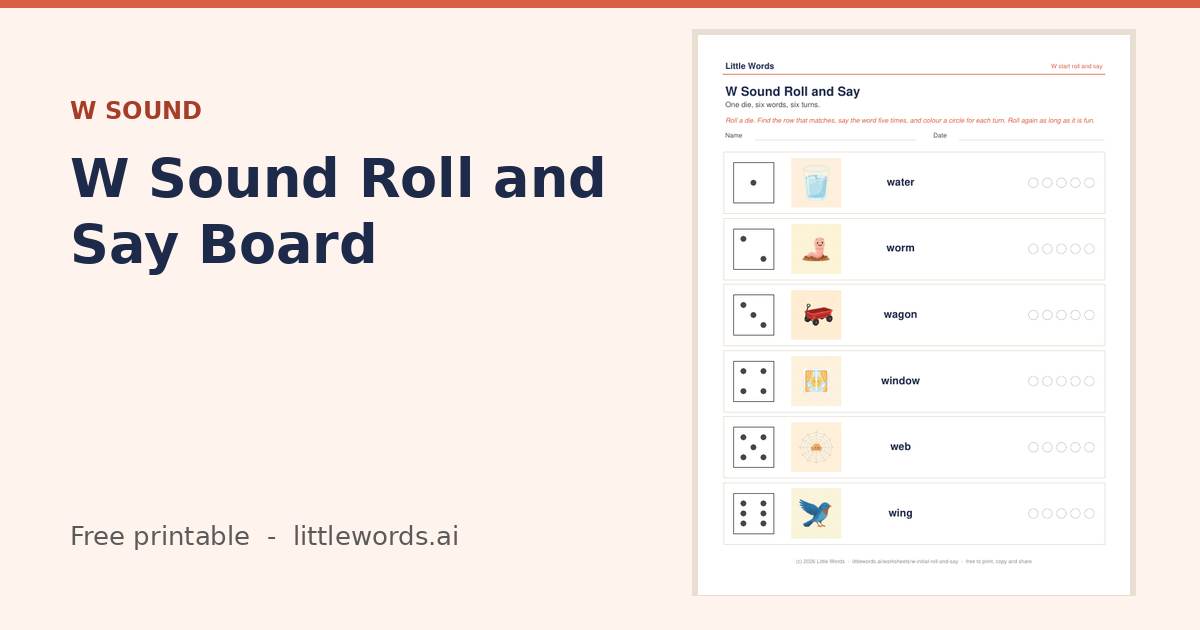 W Sound Roll and Say Board, a free Little Words printable