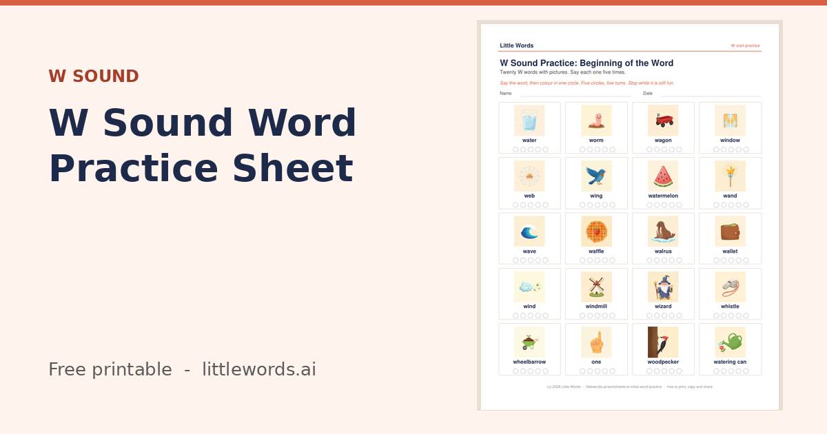 W Sound Word Practice Sheet, a free Little Words printable