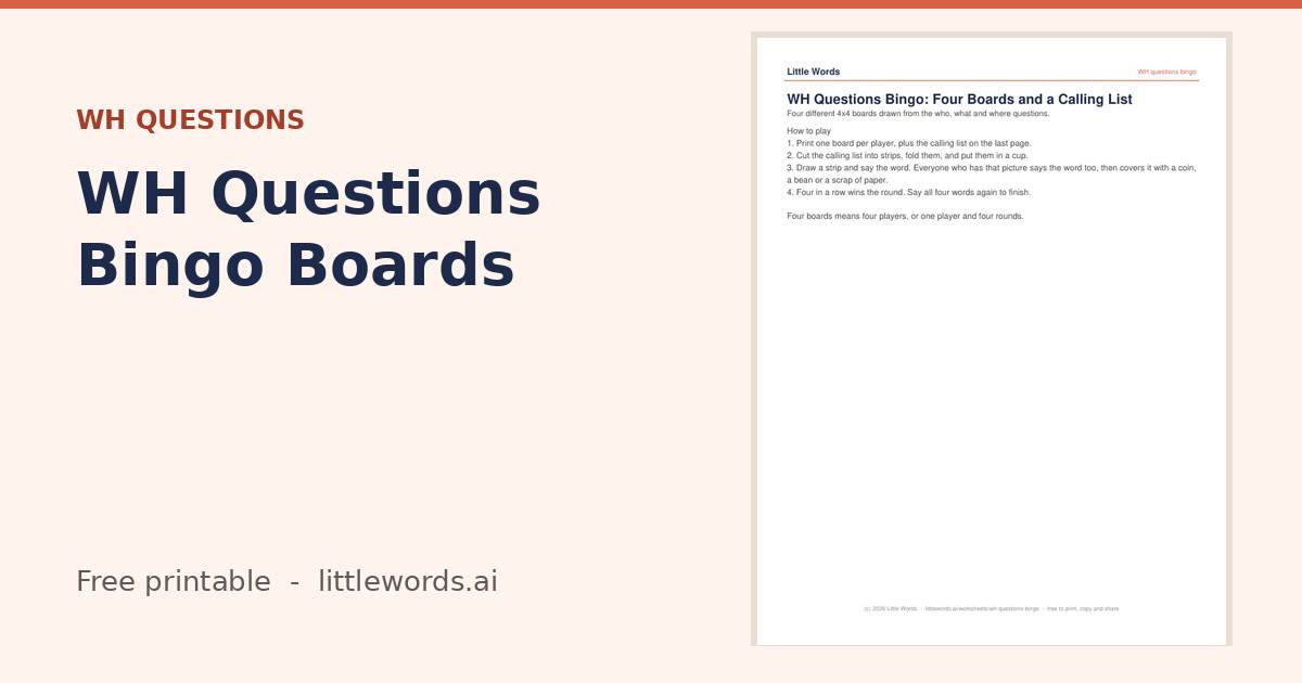 WH Questions Bingo Boards, a free Little Words printable