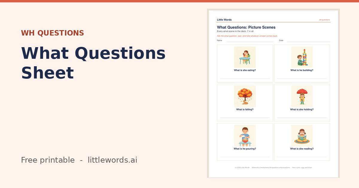 What Questions Sheet, a free Little Words printable