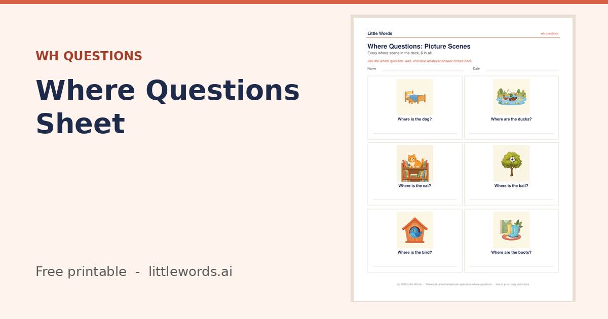 Where Questions Sheet, a free Little Words printable