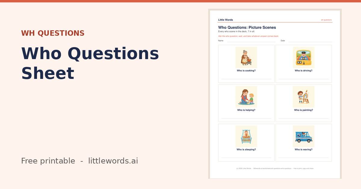 Who Questions Sheet, a free Little Words printable