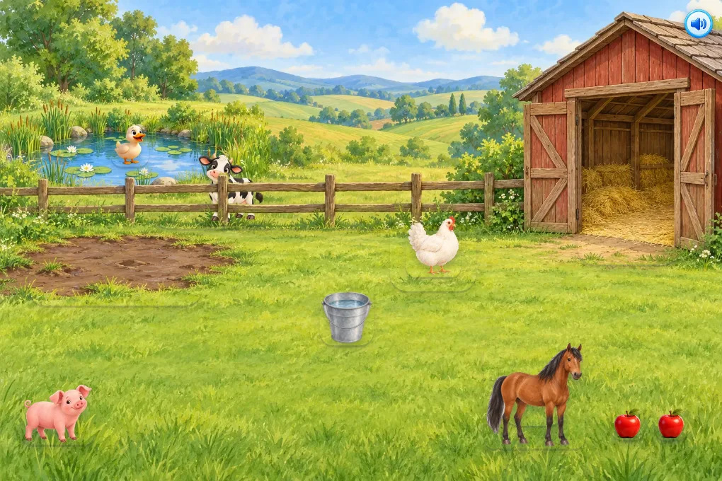 Farmyard: a painted farm where you move the animals to the pond, mud, fence and barn