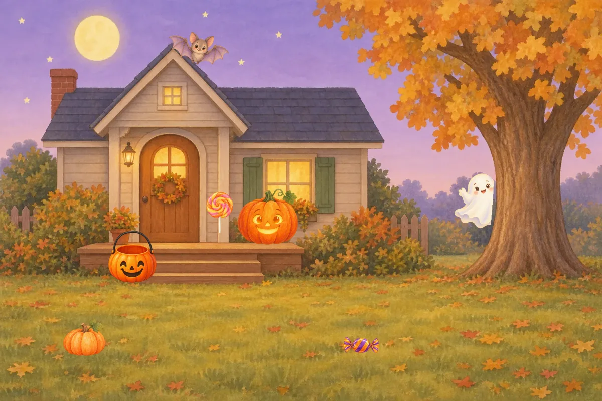 Friendly Halloween: a painted cottage porch where you move pumpkins, candy, a bat and a friendly ghost