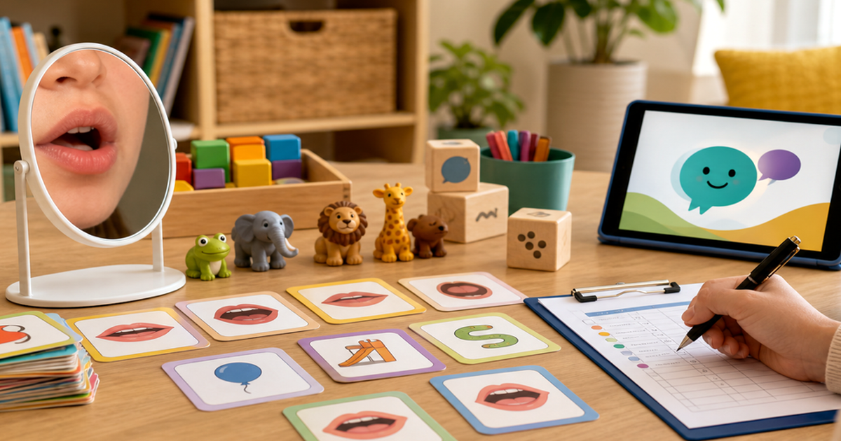 Child practicing speech sounds with a parent using picture cards
