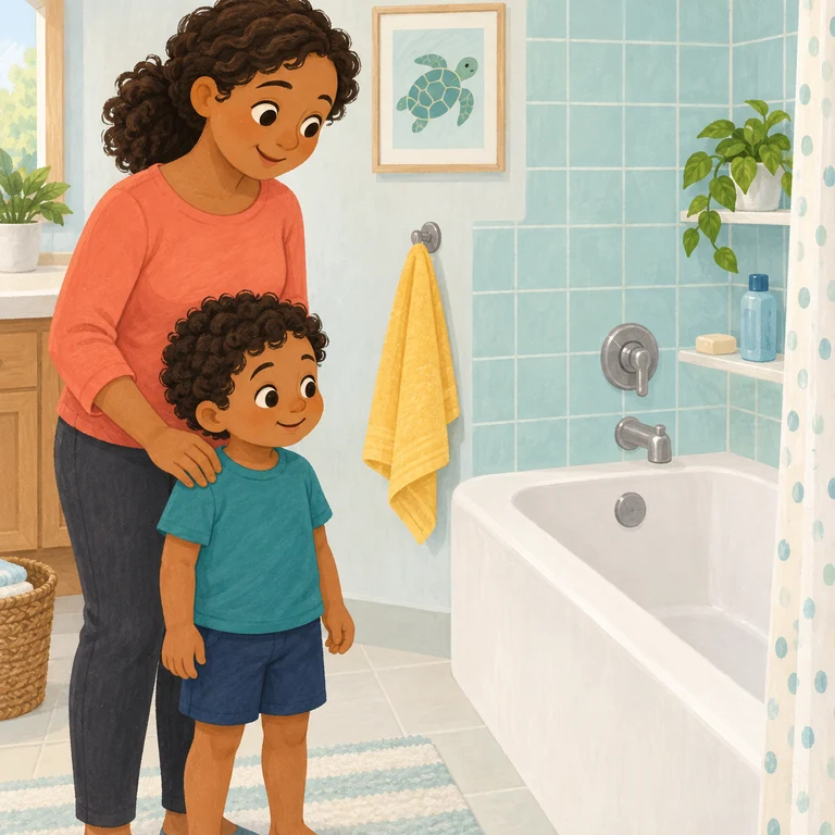 A grown-up and child prepare for bath time together.